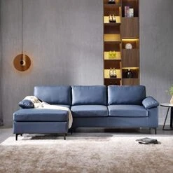 Ovios Mid-Century Modern Sofa 3-Seat L-Shape Sectional Sofa Couch With Chaise And Movable Ottoman For Living Room Lounge Office, 100" W, Faux Leather (Blue) -Songmics Furniture Shop 51A5RXYfWgL. AC