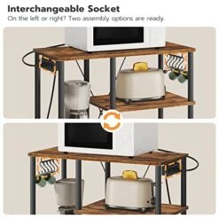 HOOBRO Bakers Rack With Power Outlet, Microwave Stand With 5 S-Shaped Hooks, Coffee Bar, Kitchen Storage Shelf, For Kitchen, Living Room, Rustic Brown And Black BF07UHB01 -Songmics Furniture Shop 51AFEsWgWGL