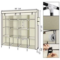 Savins 67" Clothes Closet Portable Wardrobe Clothes Storage Rack 12 Shelves 4 Side Pockets Beige