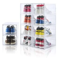 Amllas 10 Pack Clear Shoe Boxes Stackable,Shoe Storage Boxes For Closet,Sturdy Shoe Box Storage Containers With Clear Door,Sneaker Storage,Easy To Assemble,Fit Up To US Size 12(13.8”x 9.84”x 7.1”)