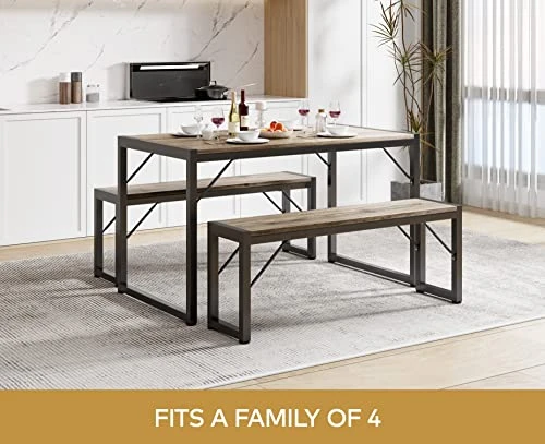 Gizoon 45.5" Dining Table Set For 4, Kitchen Table Set With 2 Benches, Dining Room Table Set With Metal Frame & MDF Board, Space-Saving Dinette For Kitchen, Dining Room -Grey 3 Gizoon 45.5" Dining Table Set For 4, Kitchen Table Set With 2 Benches, Dining Room Table Set With Metal Frame & MDF Board, Space-Saving Dinette For Kitchen, Dining Room -Grey - Image 3