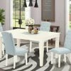 East West Furniture WECE5-WHI-15 5Pc Dining Set Includes A Rectangle Dinette Table With Butterfly Leaf And Four Parson Chairs With Baby Blue Fabric, Finish, Linen White