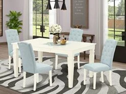East West Furniture WECE5-WHI-15 5Pc Dining Set Includes A Rectangle Dinette Table With Butterfly Leaf And Four Parson Chairs With Baby Blue Fabric, Finish, Linen White