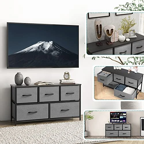 Dresser, Dresser For Bedroom, Drawer Dresser Organizer Storage Drawers Fabric Dresser With 5 Drawers, Chest Of Drawers With Fabric Bins, Long Dresser With Wood Top For Bedroom, Closet, Entryway 5 Dresser, Dresser For Bedroom, Drawer Dresser Organizer Storage Drawers Fabric Dresser With 5 Drawers, Chest Of Drawers With Fabric Bins, Long Dresser With Wood Top For Bedroom, Closet, Entryway - Image 5