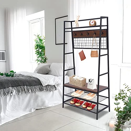 Coat Rack Shoe Bench, Hall Tree Entryway Bench With Storage, Wood Look Accent Furniture With Metal Frame, 3-in-1 Design (Brown) 3 Coat Rack Shoe Bench, Hall Tree Entryway Bench With Storage, Wood Look Accent Furniture With Metal Frame, 3-in-1 Design (Brown) - Image 3