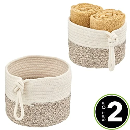 MDesign Casual Round Woven Cotton Rope Bathroom Basket With Tie Handles - Storage Organizer Set For Countertop, Floor, Closet Or Vanity, Holds Toilet Paper, Towels, Or Magazines, Set Of 2, White/Brown 2 MDesign Casual Round Woven Cotton Rope Bathroom Basket With Tie Handles - Storage Organizer Set For Countertop, Floor, Closet Or Vanity, Holds Toilet Paper, Towels, Or Magazines, Set Of 2, White/Brown - Image 2