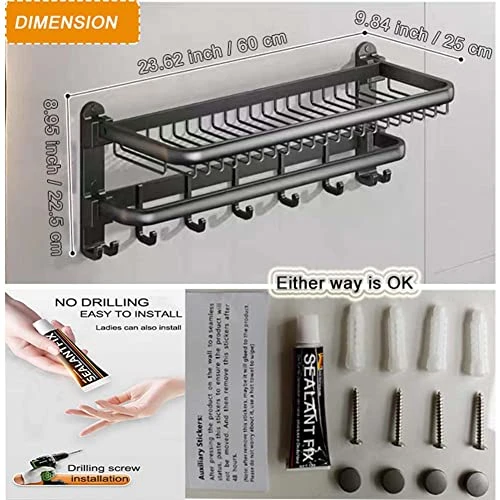 Yariwiz Matte Black Towel Rack Wall Mounted No Drill And Screw Mounting With Foldable Storage Shelf, Bathroom Bath Shower Length 24 Inch Double Towel Rod With Shelf Hotel Towel Rack B0504-MB 4 Yariwiz Matte Black Towel Rack Wall Mounted No Drill And Screw Mounting With Foldable Storage Shelf, Bathroom Bath Shower Length 24 Inch Double Towel Rod With Shelf Hotel Towel Rack B0504-MB - Image 4