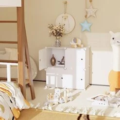 C&AHOME Cube Storage Organizer With Doors, 4-Cube Shelves, Closet Cabinet, DIY Plastic Modular Bookshelf Ideal For Bedroom, Living Room, 24.8" L X 12.4" W X 24.8" H Milky USHS04M-DOOR -Songmics Furniture Shop 51B0B7IkW7L