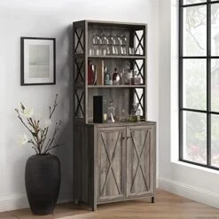 YITAHOME Kitchen Pantry Cabinet Storage Hutch With Microwave Stand Wine Rack, Freestanding Pantry Buffet Cabinet With Adjustable Shelves And Cupboard For Home, Rustic Grey Wash