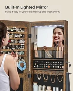 SONGMICS LED Cabinet Standing, Lockable Jewelry Armoire With Full-Length Mirror, Space-Saving Jewelry Organizer With Mirror, Bottom Drawer And Shelf, Gift Idea, Rustic Brown UJJC025X01 -Songmics Furniture Shop 51B9dkfMebL