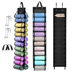 2 Pack Legging Hanging Storage Organizer, HUNTALG Yoga Leggings Space Saving Bag Storage Hanger With 24 Compartment, Foldable Clothes Closets Roll Holder For T-Shirt, Towel, Legging, Jean (Black)