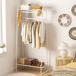 Tajsoon Clothes Rack, Freestanding Clothing Rack With Coat Hook, Metal Garment Rack With 2 Storage Display Shelf, Rustic Brown Wood, White 8 Tajsoon Clothes Rack, Freestanding Clothing Rack With Coat Hook, Metal Garment Rack With 2 Storage Display Shelf, Rustic Brown Wood, White -Songmics Furniture Shop 51BJapRkFAL