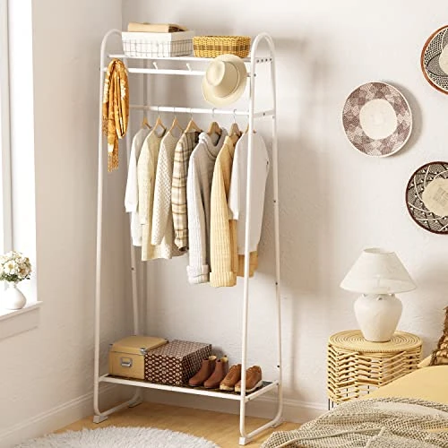 Tajsoon Clothes Rack, Freestanding Clothing Rack With Coat Hook, Metal Garment Rack With 2 Storage Display Shelf, Rustic Brown Wood, White 3 Tajsoon Clothes Rack, Freestanding Clothing Rack With Coat Hook, Metal Garment Rack With 2 Storage Display Shelf, Rustic Brown Wood, White - Image 3