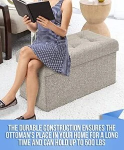 Ornavo Home Foldable Tufted Linen Large Storage Ottoman Bench Foot Rest Stool/Seat - 15" X 30" X 15" (Beige) -Songmics Furniture Shop 51BL5AUXhfS