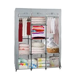 Dporticus Portable Clothes Closet Non-Woven Fabric Free Standing Wardrobe Double Rod Storage Organizer Gray