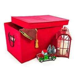 [Multi Use Christmas Decoration Storage Box] - Self Standing Container With ID Tag Holder For Easy Identification - For Garland Storage And Other Miscellaneous Decor Storage (Red)