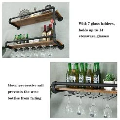 BOTAOYIYI Wine Rack Wall Mounted 2 Tier, Hanging Floating Bar Liquor Shelves With Glass Holder Storage Under, Industrial Rustic Pipe Farmhouse Kitchen Decor Black(35.4x10.6x19.7) -Songmics Furniture Shop 51BTWGp85JL