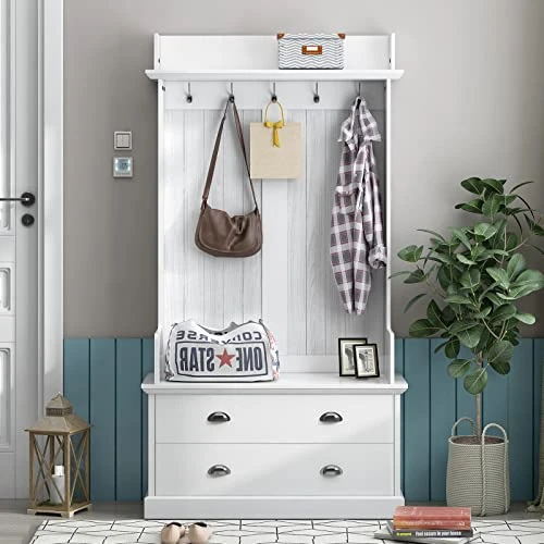 TAVENS Hall Tree With Storage Bench, 3-in-1 Entryway Bench With Coat Rack, Standing Coat Rack With 5 Metal Hooks And 2 Large Drawers For Hallway, Living Room, Mudroom 38.5”W X 15.7”D X 75”H,White 2 TAVENS Hall Tree With Storage Bench, 3-in-1 Entryway Bench With Coat Rack, Standing Coat Rack With 5 Metal Hooks And 2 Large Drawers For Hallway, Living Room, Mudroom 38.5”W X 15.7”D X 75”H,White - Image 2