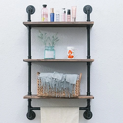 Womio Industrial Pipe Bathroom Shelves Wall Mounted With Towel Bar,24in Rustic Wall Decor Farmhouse,3 Tiered Towel Rack Metal Floating Shelves Towel Holder,Wall Shelf Over Toilet 2 Womio Industrial Pipe Bathroom Shelves Wall Mounted With Towel Bar,24in Rustic Wall Decor Farmhouse,3 Tiered Towel Rack Metal Floating Shelves Towel Holder,Wall Shelf Over Toilet - Image 2