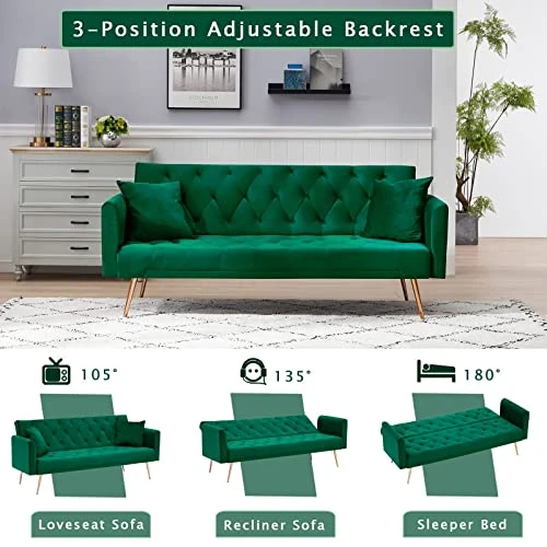 KINFFICT Velvet Futon Sofa Bed With 2 Pillows, Convertible Sleeper Sofa Couch With 3 Angle Adjustable Backrest, Modern Loveseat With 4 Golden Metal Legs For Living Room And Bedroom (Green) 4 KINFFICT Velvet Futon Sofa Bed With 2 Pillows, Convertible Sleeper Sofa Couch With 3 Angle Adjustable Backrest, Modern Loveseat With 4 Golden Metal Legs For Living Room And Bedroom (Green) - Image 4