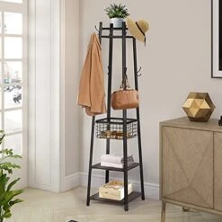 VECELO Coat Rack Freestanding, Entryway Clothes Stand With Metal Basket And 2 Shelves, Upgrade Hall Trees With 8 Dual Hooks For Bags, Hats, And Umbrellas, Industrial Styles, Vintage Brown+ Black -Songmics Furniture Shop 51BnGylNEpS