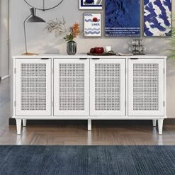 Bellemave Buffet Cabinet With 4 Rattan Doors Large Freestanding Sideboard Storage Cabinet Entryway Console Table For Living Room, Kitchen Dining Room, Entryway, White