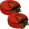 CLOZZERS 2 Pack Christmas Wreath And Garland Bag With Durable Zippered Closure And Sturdy Handles, For Wreaths Up To 30” Inches, Heavy Duty, Tear Proof And Water Resistant, Red