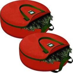CLOZZERS 2 Pack Christmas Wreath And Garland Bag With Durable Zippered Closure And Sturdy Handles, For Wreaths Up To 30” Inches, Heavy Duty, Tear Proof And Water Resistant, Red