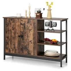 Giantex Industrial Kitchen Storage Cabinet W/Open Shelves, 2-Door Cupboard, Adjustable Shelf, Wooden Buffet Sideboard, Farmhouse Floor Bar Cabinet For Living Room, Entryway (Rustic Brown)