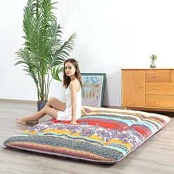 HIGOGOGO Japanese Floor Mattress For Adults, Thick Foldable Futon Mattress For Floor, Korean Roll Up Sleeping Pads, Portable Folding Foam Floor Bed Tatami Mat, Shikibuton For Guest, Boho B, Queen -Songmics Furniture Shop 51C6F7gZLKL