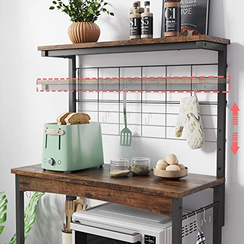 Bestier Bakers Racks With Storage Cabinet, Height-Adjustable 45" To 55" Microwave Stand For Kitchen With Wheels & Feet, Industrial Rolling Coffee Bar Shelf With 10 S-Hooks Rustic Brown 3 Bestier Bakers Racks With Storage Cabinet, Height-Adjustable 45" To 55" Microwave Stand For Kitchen With Wheels & Feet, Industrial Rolling Coffee Bar Shelf With 10 S-Hooks Rustic Brown - Image 3