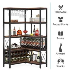 Tribesigns Large Corner Wine Rack, 5-Tier L Shaped Industrial Freestanding Floor Bar Cabinets For Liquor And Glasses Storage, Wooden Wine Bottle Holder Shelf For Home Kitchen Dining Room, Rustic -Songmics Furniture Shop 51CGXI1l9JL
