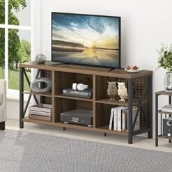 LVB TV Stand For 75 Inch TV, Large Industrial Rustic Entertainment Center With Storage Shelves, Long Modern Wood Metal Television Stand With TV Table Cabinet For Home Living Bedroom, Rustic Oak, 63 In -Songmics Furniture Shop 51CT99NVQ0L. AC