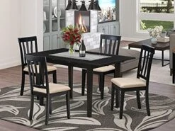 East West Furniture NOAN5-OAK-C 5-Piece Kitchen Dining Room Set - 4 Dining Room Chairs With Slatted Back And Linen Fabric Seat - A Dining Room Table With Rectangular Top (Oak Finish) -Songmics Furniture Shop 51CWxi9dQpL. AC