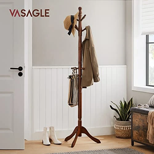 VASAGLE Coat Rack, Solid Wood Coat Stand, Free Standing Hall Coat Tree With 10 Hooks For Coats, Hats, Bags, Purses, For Entryway, Hallway, Rubberwood, Dark Walnut URCR03WN 2 VASAGLE Coat Rack, Solid Wood Coat Stand, Free Standing Hall Coat Tree With 10 Hooks For Coats, Hats, Bags, Purses, For Entryway, Hallway, Rubberwood, Dark Walnut URCR03WN - Image 2