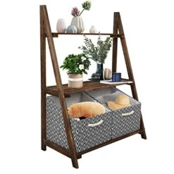 ECOMEX Small Ladder Shelf, 3-Tier Ladder Bookshelf With 2 Baskets, Wood Rustic Ladder Bookshelf, Freestanding Storage Organizer Rack,Storage Rack Shelves Plant Stand For Home, Brown