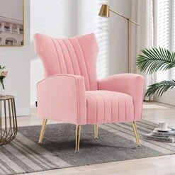 Altrobene Velvet Accent Chair Modern Wingback Comfy Chair Tufted Reading Armchair With Gold Legs For Living Room/Bedroom, Light Pink