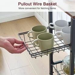 Gewudraw Kitchen Bakers Rack, Kitchen Storage Shelf With Pullout Wire Basket & 4 Side Hooks, Coffee Bar Station With Wine Rack - Rustic Brown, Perfect For Organizing Your Kitchen Essentials -Songmics Furniture Shop 51D210g7MaL