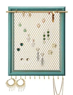 Heesch Hanging Earring Organizer Frame Wall Mounted Jewelry Holder Vintage Rustic Stud Earring Display With Removable Rod And 12 Hooks For Necklaces, Bracelets And Rings (Teal)