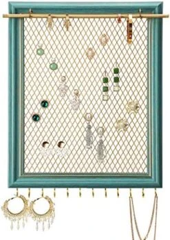 Heesch Hanging Earring Organizer Frame Wall Mounted Jewelry Holder Vintage Rustic Stud Earring Display With Removable Rod And 12 Hooks For Necklaces, Bracelets And Rings (Teal) -Songmics Furniture Shop 51D3TF6GqiL. AC