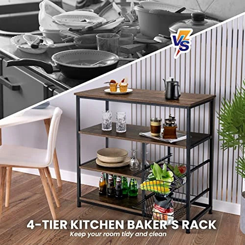 PETSITE Kitchen Bakers Rack, 4-Tier Coffee Bar Station With 2 Pull-Out Baskets, Industrial Microwave Oven Stand, Free Standing Utility Storage Shelf 3 PETSITE Kitchen Bakers Rack, 4-Tier Coffee Bar Station With 2 Pull-Out Baskets, Industrial Microwave Oven Stand, Free Standing Utility Storage Shelf - Image 3
