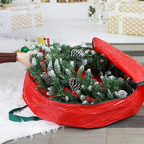 CLOZZERS 2 Pack Christmas Wreath And Garland Bag With Durable Zippered Closure And Sturdy Handles, For Wreaths Up To 30” Inches, Heavy Duty, Tear Proof And Water Resistant, Red 2 CLOZZERS 2 Pack Christmas Wreath And Garland Bag With Durable Zippered Closure And Sturdy Handles, For Wreaths Up To 30” Inches, Heavy Duty, Tear Proof And Water Resistant, Red - Image 2