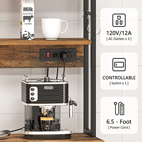 YzeeMi Bakers Rack With Power Outlet, Microwave Stand, Coffee Bar, 7 Tiers Kitchen Storage Rack With 8 Hooks, Kitchen Shelves For Spices, Pots And Pans, Rustic Brown 2 YzeeMi Bakers Rack With Power Outlet, Microwave Stand, Coffee Bar, 7 Tiers Kitchen Storage Rack With 8 Hooks, Kitchen Shelves For Spices, Pots And Pans, Rustic Brown - Image 2