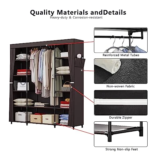 INGIORDAR Portable Closet Wardrobe Organizer Storage With Cover Non-Woben Fabric Portable Wardrobe Closet For Hanging Clothes Racks Shelving 59 Inch For Bedroom, Coffee 4 INGIORDAR Portable Closet Wardrobe Organizer Storage With Cover Non-Woben Fabric Portable Wardrobe Closet For Hanging Clothes Racks Shelving 59 Inch For Bedroom, Coffee - Image 4