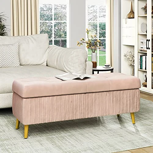 AWQM Tufted Storage Ottoman Bench,Velvet Upholstered Storage Bench With Button,Flip Top,Perfect For Living Room,Entryway,Bedroom,47.24", Light Pink 5 AWQM Tufted Storage Ottoman Bench,Velvet Upholstered Storage Bench With Button,Flip Top,Perfect For Living Room,Entryway,Bedroom,47.24", Light Pink - Image 5