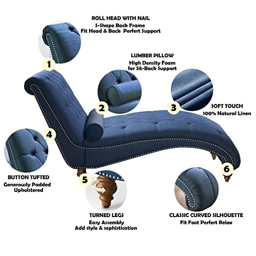 Rosevera Deedee Linen Upholstered Chaise Lounge Chair With Nailhead Trim For Living Room And Bedroom, Standard, Royal Navy 3 Rosevera Deedee Linen Upholstered Chaise Lounge Chair With Nailhead Trim For Living Room And Bedroom, Standard, Royal Navy - Image 3