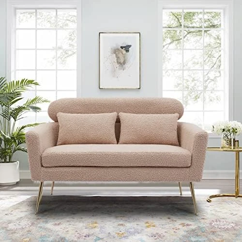 Betoko 51‘’ Loveseat Sofa Small Couch Two Seat Mid Century Modern Sofa With 2 Throw Pillows And Gold Metal Legs For Small Space Office Studio Apartments Bedroom,Ivory 6 Betoko 51‘’ Loveseat Sofa Small Couch Two Seat Mid Century Modern Sofa With 2 Throw Pillows And Gold Metal Legs For Small Space Office Studio Apartments Bedroom,Ivory - Image 6