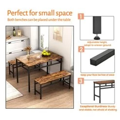CALABASH Dining Room Table Set With 2 Benches, Industrial 3 Piece Dining Set For Home, Kitchen, Apartment And Small Space,Rustic Brown And Black Metal Frame 7 CALABASH Dining Room Table Set With 2 Benches, Industrial 3 Piece Dining Set For Home, Kitchen, Apartment And Small Space,Rustic Brown And Black Metal Frame -Songmics Furniture Shop 51DSGhxgChL