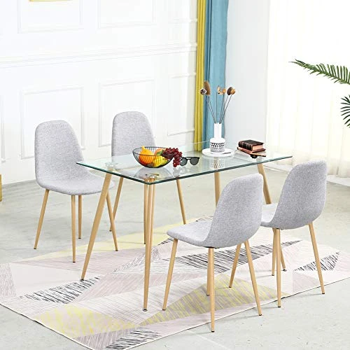 Bacyion 5 Pieces Modern Dining Table Set For 4,Rectangle Glass Table And 4 Fabric Kitchen Room Chairs,Dining Room Table And Chairs Set For Home And Small Space (Rectangle Table + 4 Light Grey Chairs) 1 Bacyion 5 Pieces Modern Dining Table Set For 4,Rectangle Glass Table And 4 Fabric Kitchen Room Chairs,Dining Room Table And Chairs Set For Home And Small Space (Rectangle Table + 4 Light Grey Chairs)