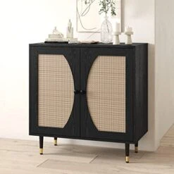 Black Buffet Sideboard Cabinet, Sideboards And Buffets With Natural Rattan Doors, Modern Entryway Console Table With Storage, Accent Storage Cabinet With Adjustable Shelves For Living Dining Room -Songmics Furniture Shop 51DdtSzlaeL